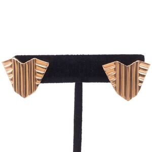 Vintage Avon Gold Tone Geometric Fan Clip On Earrings Art Deco Style